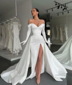 Dresses Off Shoulder Sheath Wedding Dresses for bride Long Sleeves Gloves Satin Wedding Dress with detachable skirt Thigh Slit robe de mar