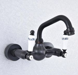 Bathroom Sink Faucets Black Oil Rubbed Bronze Double Handle/Hole Wall Mount Kitchen Basin Faucet Mixer Taps Swivel Spout 360' Lsf700