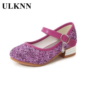 Sneakers Highheeled Shoes For Girls 2022 Nya Four Seasons Barn skor barn Single Sequined Shoes Princess Students Dance Shoe Party