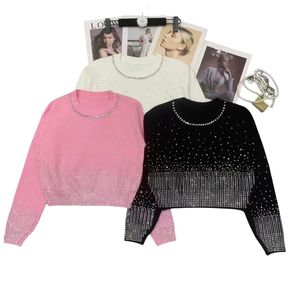 Design women's o-neck long sleeve rhinestone crystal luxury design shinny knitted short sweater tops SML