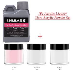 Vätskor 4st/set doppande akrylpulver klar/vit/rosa damm+120 ml akrylvätska för UV -nagelpolymerbyggare sniddekorationspulver