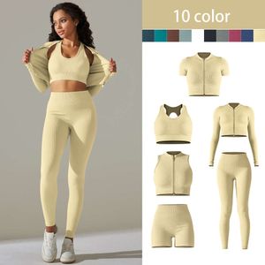 Yoga Align Lemon Lu Lu Seamless Set Ribbed Workout Sport Croped Top With Zipper Bra High midjeshorts Leggings Set Fiess Gym Clothing g