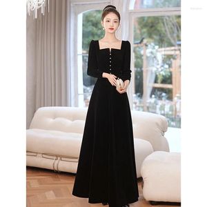 Party Dresses Black Velvet Evening For Cocktail Elegant Square Neck A-Line Floor-Length Long Sleeve Prom 2024