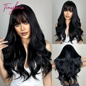 Tiny Lana Natural Black Long Wavy Synthetic peruk med lugg för kvinnor kroppsvåg mörkbruna peruker cosplay dagligen hår värme resistent 240402