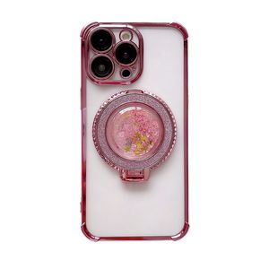 iPhone 15 Pro Max 14 Plus 13 12 11 Chromed 4-Corner Anti-Fall Lensプロテクタークリアキラキラキラキラメタルフィンガーリング電話カバー用のQuicksand Holder Shockproof Case