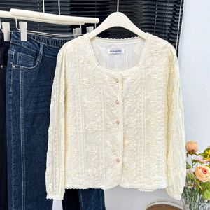 Chic Square Collar Shirt Women Plus Size Autumn Winter Casual Clothing Puff Sleeve Blouses Lace Embroidered Tops 240403