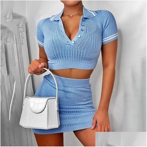 Two Piece Dress 2Pcs Sets Short Sleeve Casual Bodycon Outfits Button Crop Top Knitting Ribbed Fashion Women Skirt Co-Ord Set Drop Del Dhyqv
