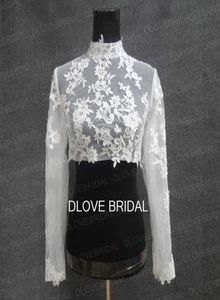 Real Po High Neck Long Sleeve Bridal Jacket Lace Appliced ​​Tulle Wedding Party Dress Sheer Wraps Bolero med täckta knappar CU5547519