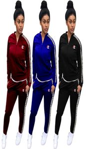 Şampiyonlar İki Parçalı Kıyafet Kadın Mektup Baskı Jogging Suit Fermuper Cep Uzun Kollu Ceket İnce Uzun Pantolon Seti Bordo Black Blue2934736