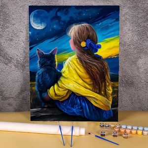 숫자에 의한 우크라이나 DIY 그림 성인 어린이 고양이 고양이와 소녀 사진 색칠 50x70cm 핸디 크래프 개인 선물 240407