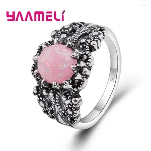 Anelli da nozze Stili antichi autentici 925 Sterling Silver Wide Design con Bague Bague di pietra opale rosa rotonda Bijoux per donne regalo