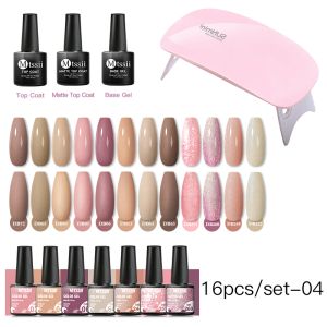 Trockner 16pcs Gelnagellack Set mit UV -Lampen -Nagel Trockner Nackt rosa Glitzer halb dauerhaft Lack Basis Mattes Decklack Nagelkunst Kits