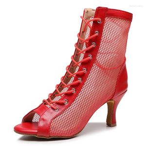 Dans Ayakkabıları Kadın Kırmızı Mesh Latin Balo Salonu Kadın Yüksek Topuk Caz Giden Kızlar Dantel Up Stiletto Bootie Slim 3.5/4 inç