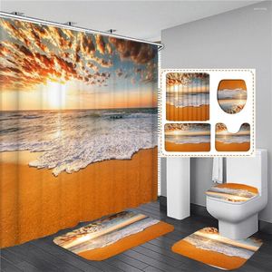 Shower Curtains Seaside Beach Sunset Dusk Scenery 3D Printing Waterproof Curtain With Rug Toilet Cover Bath Mat Set Bathroom Decor