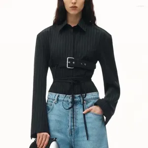 Bluzki damskie 2024 Spring Striped Belt Shirt Tapited Scoop Cut Long Rleeve Top Wysoko jakościowa kurtka modowa Y2K