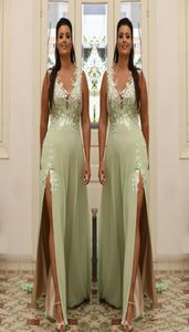 Light Green Plus Size Appliqued Prom Dresses Sheer V Neck Evening Gown A Line Split Side Chiffon Floor Length Formal Dress Abiye 23418210