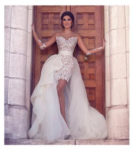 NEU VESTIDO Kurzer Spitze Tüll Langarmscheide Hochzeitskleid Transparent Party Sexy Brautkleider Custom Applikes Abnehmbarer Train2833135