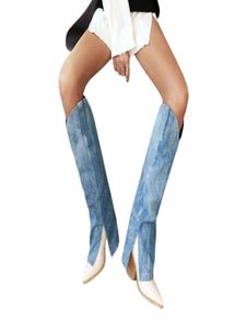 Blå denim jean stövlar för kvinnor knähögbyxor botas slits klippta långa cowboy stövlar mode damer med häl överdimensionerade skor 43 t223266880