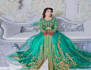 Vintage Langarmed Smaragd Grüne muslimische formale Abendkleider Abaya Designs Dubai Turkish Prom Kleider Kleider marokkanische KAFT3024673