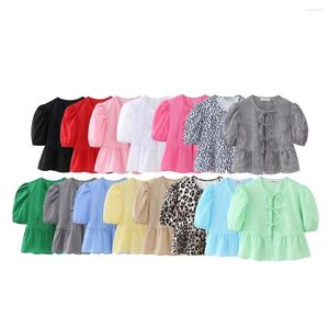 Women's Blouses Leopard Bow Lace Up Women Shirts Loose Solid Puff Sleeve Pleat Shirt Top Spring Summer Cropped Lady Streetwear