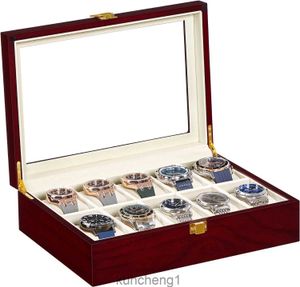 SONGMICS Watch Box 10-Slot Watch Case with Large Glass Lid Removable Watch Pillows Velvet Lining Watch Box Organizer Gift for Loved Ones Cherry Color UJOW10C