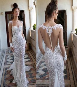 2019 Neue Berta Brautkleider Meerjungfrau Schatz langärmelige Spitze angewandte Perlen Sweep -Zug Hochzeit Brautkleid Custom Made B3538636