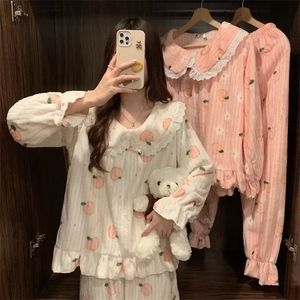 Peach Fleeme Women Suit Corean Sleep Piece Winter Home Home Night Wear Piiama кружево 2 пушистая пижама для сна