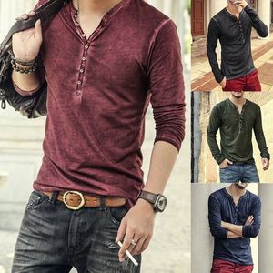 2024 MEN TEE SHIRT V-HECK Långärmning Tee Tops Stylish Slim Button T-shirt Autumn Casual Solid Male Clothing Plus Size 3XL240402