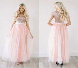 Senaste 2017 Light Peach Tulle Sequined Top Bridesmaid Dresses Long Cheap Short Sleeve Gleats Ankel Length Maid of Honor Gowns Cust8387049