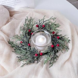 Flores decorativas 2pcs/set christmas wreath castlestick titular pinho agulha berry vermelha guirlanda mesa de jantar de ornamento Navidad wedding