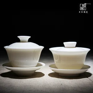 Zestawy herbaciarni Jade Porcelain Cover Bowl Dehua Ceramic Whiteware Zestaw herbaty Wysokiej klasy High-end Conded Fat White Three Force Cupe z Gajwanem