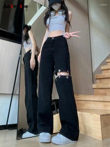 Women's Jeans Aotvotee Ripped Hollow Out Women Autumn Winter 2024 Loose Streetwear Straight High Waisted Black Wide Leg Pants