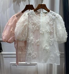 Women039s Bluses Shirts Solid Bubble Sleeve Top Summer 2021 Design Lace Real Silk Organza Round Neck Short Shirt6599648
