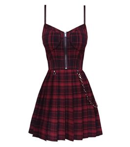 Gothic Girls Red Plaid Pleated Emo Alt Dress Y2K Zip Up Robe Femme Punk Black Spaghetti Strap Mini Short Jurken Goth Streetwear 229366657