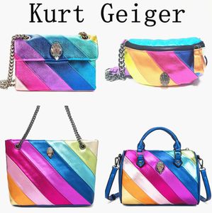 ミラー品質デザイナーバッグKurt Geiger Handbag Rainbow Stripes Bag Luxury Leather Purse Women Man Shouldell Bagsクラッチフラップトートハートエンベロープクロスボディバッグ69