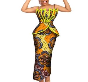 Mode African Print Ruffles Top and Skirts Set For Women Bazin Riche African Women Clothing 2 Pieces Pencil kjolar Set WY2062706477