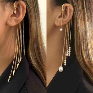 Charm Lacteo Trendy Rivet Long Tassel Ear Clip Ear Cuff for Women Girls Exquisite Imitation Pearls Decor Clip Earrings Party Jewelry240408