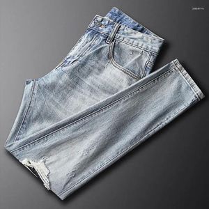 Jeans masculinos Fashion Streetwear Men retro azul claro trecho slim fit rasgado designer remendado Hip Hop calças de jeans hombre