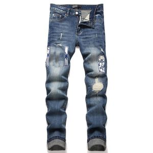 Mäns jeans blå rippad patch elastisk blyerts denim byxa streetwear hip hop smal montering byxor för hane