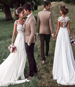 Illusion Top Spets billiga land bröllopsklänningar med keps kort ärm Sheer Back Lace Corset Vintage Bohemian Bridal Gowns Chiffon9662012