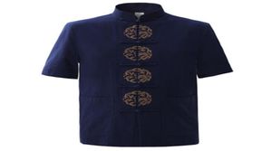 Ganze Sommer Marine Blue Men039s Baumwolle Stickerei Dragon Shirt Tops Vintage Chinese Short Sleeve Shirt Tang Anzug Größe M x6583977
