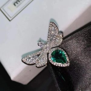 Cluster Rings 925 Silver Original Design Micro-encrusted Diamond Emerald Green Butterfly Open Ring Women's Party Birthday Jewelry Gift