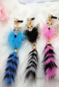 2013 Mink Crystal fox pendant phone dustproof plug earphone dust plug 10pcslot1268088