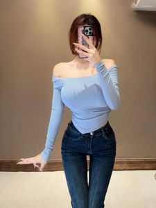 Women's T Shirts WOMENGAGA Sexy Sweet Tees Fashion Korean Blue Long Sleeved Top One Shoulder Slim Irregular Waist Stretch Shirt BGS2