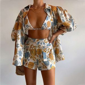 Sexy Frauen Kleidung 3PCS Sets Blumen 2024 Frühling Neues Damen Fashion Lose Hemd Camisole Shorts Stück in einem leichten Mantel, Bikini und kurzen Hosen