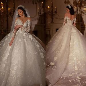 Unique Wedding Dress Sexy V Neck Long Sleeve Appliques Beads Lace Bridal Gowns Custom Made Sweep Train Ball Gown Wedding Dresses