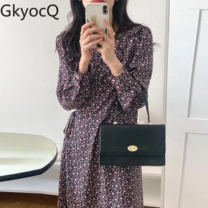 Casual Dresses GkyocQ Korean Chic Fall Retro Elegant V-neck Floral Printed Design Waist Slim A Line Bubble Sleeve Dress Long Dongdaemun