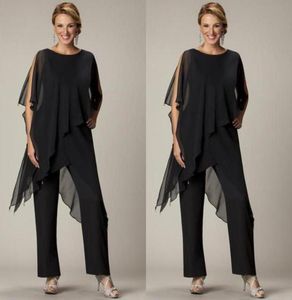 Cheap 2019 Two Pieces Pants Suits For Mother of The Bride Jewel Half Sleeve Plus Size Black Chiffon Evening Gowns Beach Wedding Pa6989658