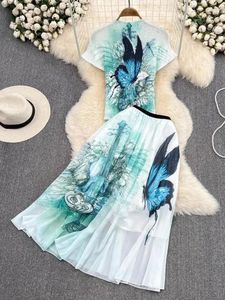 Work Dresses Summer Fashion 2 Piece Set Short Sleeve Butterfly Flower Print Sretch Pullover Shirt Top Long Pleated Skirt Chiffon Clothing