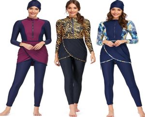 Müslüman Sofia Mayo Kadınlar Mütevazı Patchwork Hijab Uzun Kollu Spor Mayo 3pcs İslami Burkinis Giyim Banyo Takımı 4xl 2103246094709